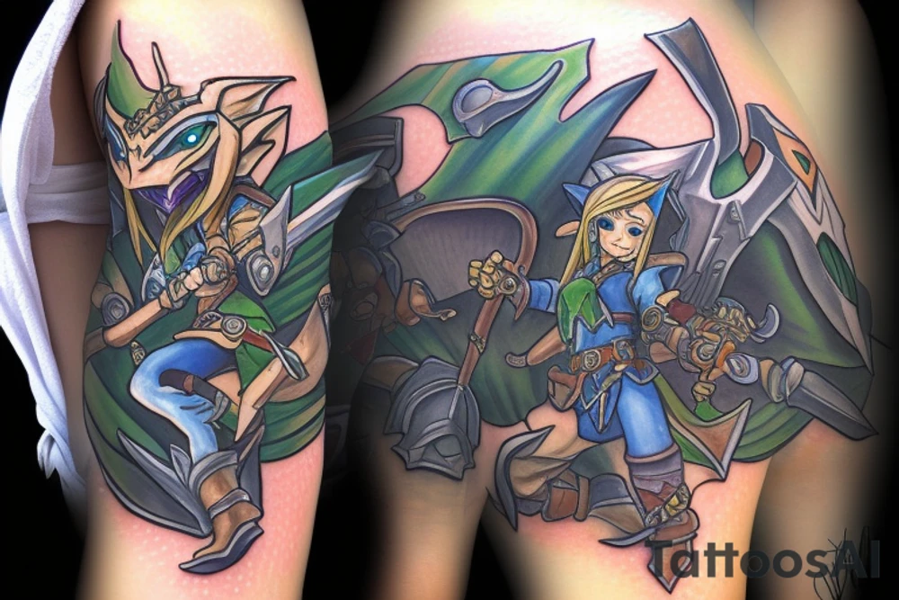 sylvannas windrunner on link's zelda costume fighting garurumon from digimon tattoo idea