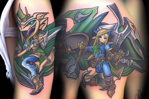 sylvannas windrunner on link's zelda costume fighting garurumon from digimon tattoo idea