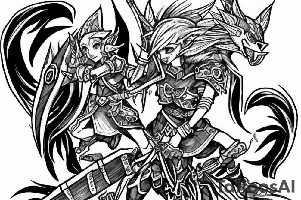 sylvannas windrunner on link's zelda costume fighting garurumon from digimon tattoo idea