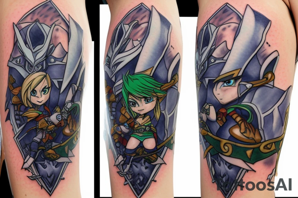 sylvannas windrunner on link's zelda costume fighting garurumon from digimon tattoo idea