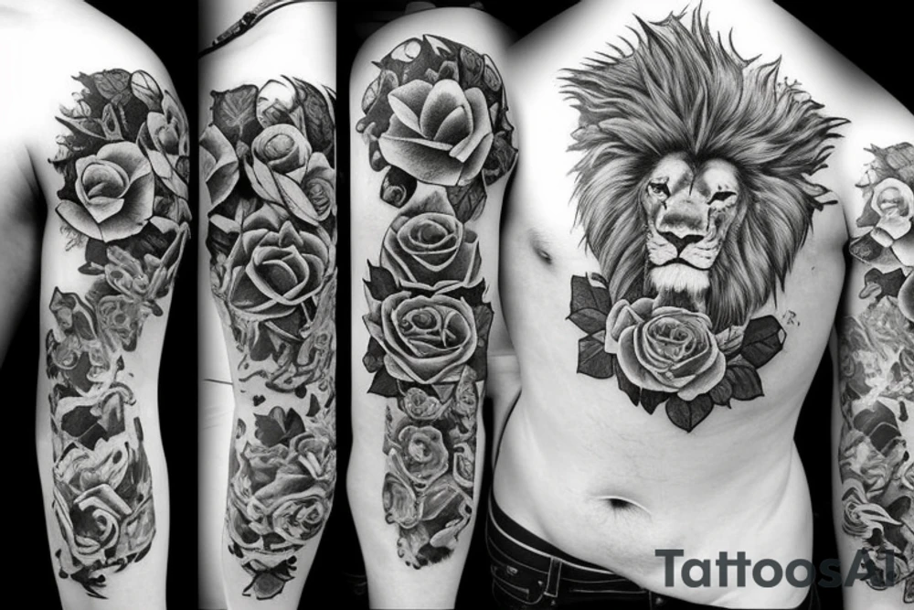 Full sleeve, roses, final fantasy XIV, lion's head, tattoo idea
