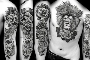 Full sleeve, roses, final fantasy XIV, lion's head, tattoo idea