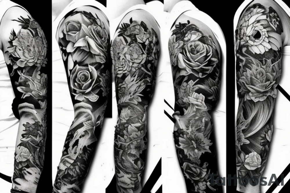 Full sleeve, roses, final fantasy XIV, lion's head, tattoo idea Full sleeve, roses, final fantasy XIV, lion's head, tattoo idea