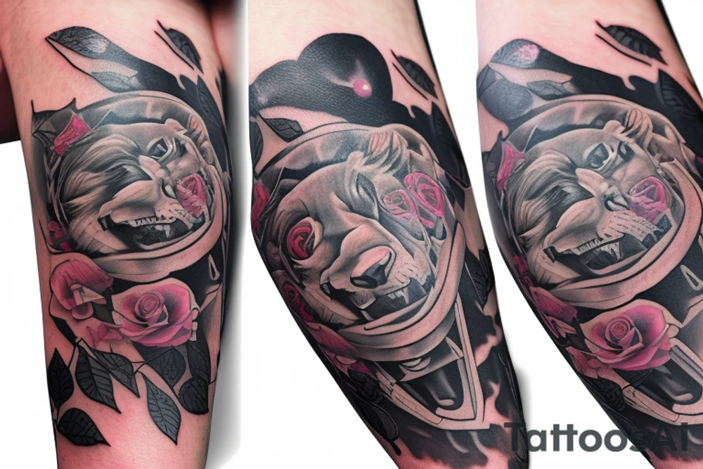 Full sleeve, roses, space, lion's head, tattoo idea