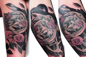 Full sleeve, roses, space, lion's head, tattoo idea