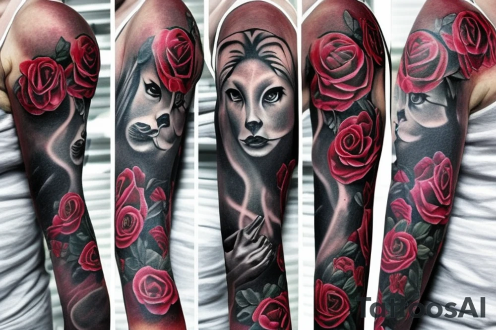 Full sleeve, roses, space, lion's head, tattoo idea