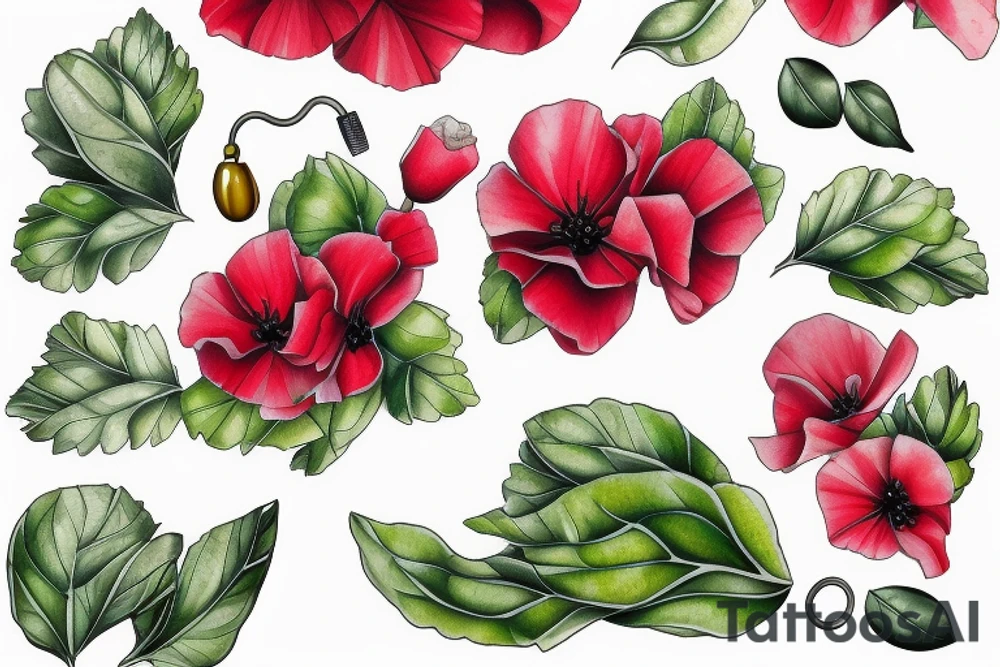 Vine of poppies, Alexandria bougainvillea, lemons and basil leaves tattoo idea