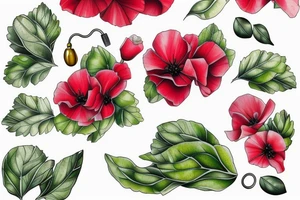 Vine of poppies, Alexandria bougainvillea, lemons and basil leaves tattoo idea
