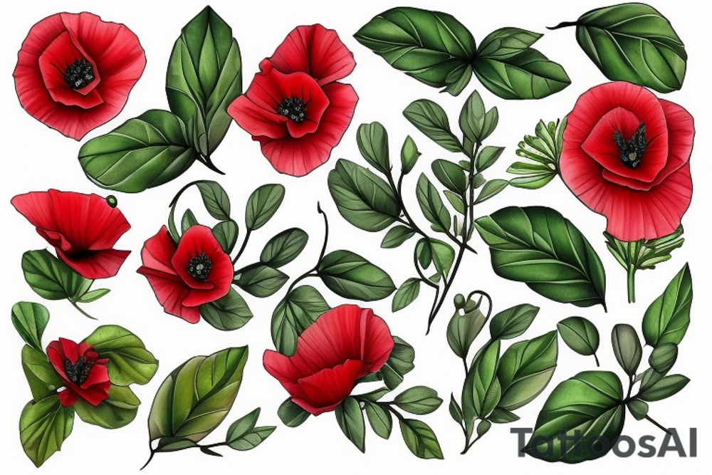 Vine of poppies, Alexandria bougainvillea, lemons and basil leaves tattoo idea