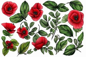 Vine of poppies, Alexandria bougainvillea, lemons and basil leaves tattoo idea