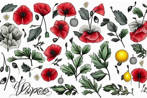 Vine of poppies, Alexandria bougainvillea, lemons and basil leaves tattoo idea