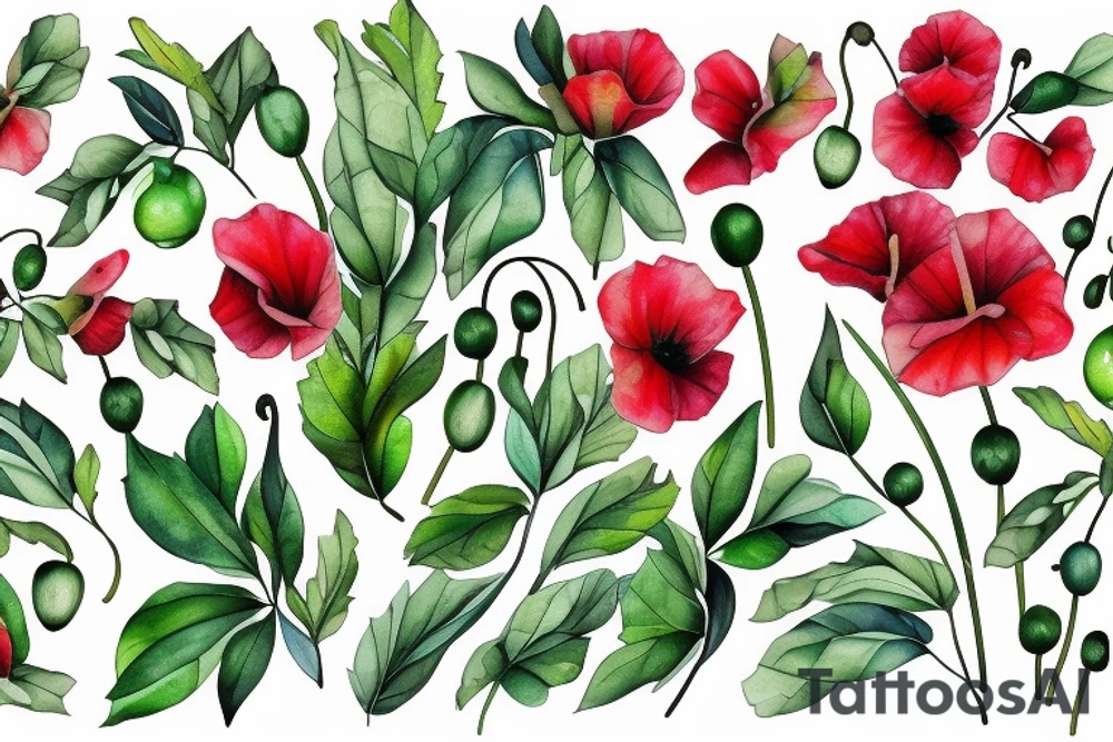 Vine of poppies, Alexandria bougainvillea, lemons and basil leaves tattoo idea