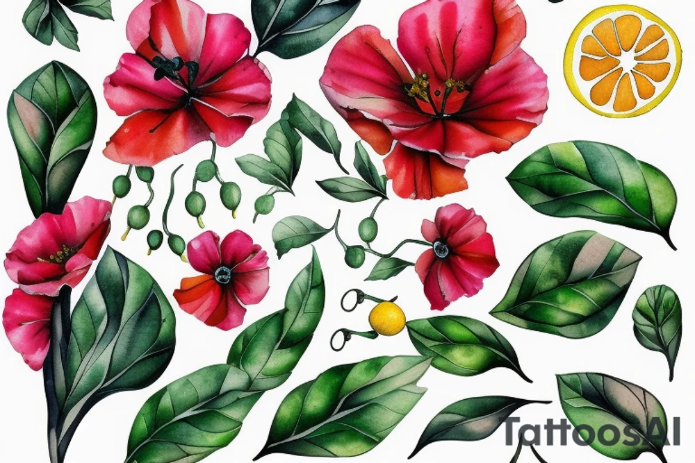 Vine of poppies, Alexandria bougainvillea, lemons and basil leaves tattoo idea