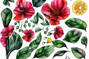 Vine of poppies, Alexandria bougainvillea, lemons and basil leaves tattoo idea