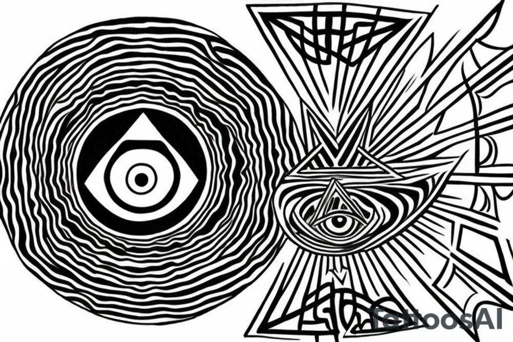 infinity nabla triangle with all seeing eye, eye becomes the sun as it extendes from bottom of triangle, connections to yin yang circle which connects to waxing crescent moon tattoo idea infinity nabla triangle with all seeing eye, eye becomes the sun as it extendes from bottom of triangle, connections to yin yang circle which connects to waxing crescent moon tattoo idea