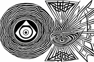 infinity nabla triangle with all seeing eye, eye becomes the sun as it extendes from bottom of triangle, connections to yin yang circle which connects to waxing crescent moon tattoo idea