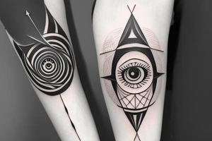 infinity nabla triangle with all seeing eye, eye becomes the sun as it extendes from bottom of triangle, connections to yin yang circle which connects to waxing crescent moon tattoo idea