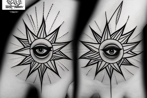 infinity nabla triangle with all seeing eye, eye becomes the sun as it extendes from bottom of triangle, connects to yin yang circle which connects to waxing crescent moon tattoo idea