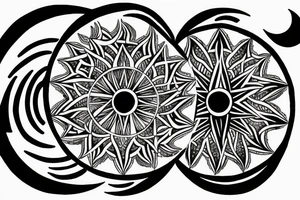 infinity nabla triangle with all seeing eye, eye becomes the sun as it extendes from bottom of triangle, connects to yin yang circle which connects to waxing crescent moon tattoo idea
