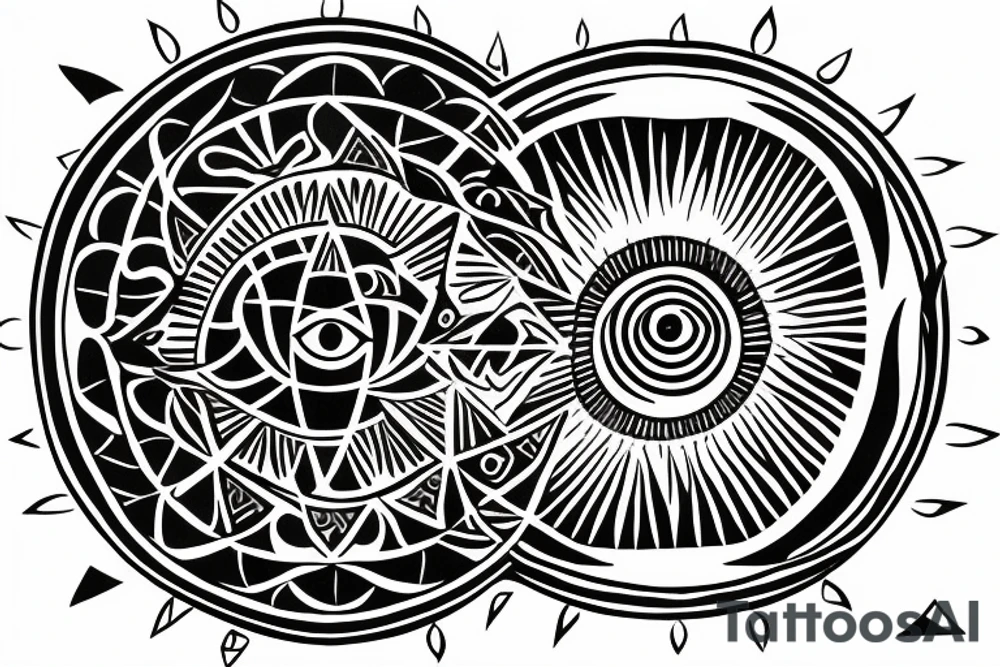 nabla triangle with all seeing eye, eye becomes the sun as it extend from bottom of triangle, connects to yin yang circle which connects to waxing crescent moon tattoo idea nabla triangle with all seeing eye, eye becomes the sun as it extend from bottom of triangle, connects to yin yang circle which connects to waxing crescent moon tattoo idea