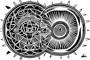 nabla triangle with all seeing eye, eye becomes the sun as it extend from bottom of triangle, connects to yin yang circle which connects to waxing crescent moon tattoo idea