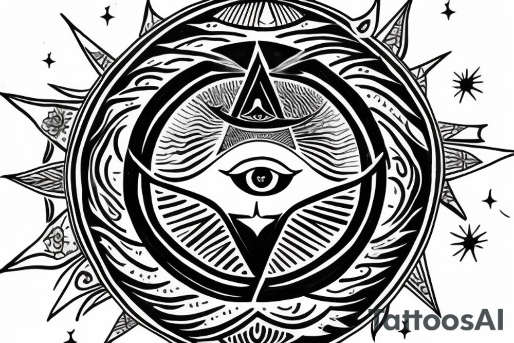 nabla triangle with all seeing eye, eye becomes the sun as it extend from bottom of triangle, connects to yin yang circle which connects to waxing crescent moon tattoo idea nabla triangle with all seeing eye, eye becomes the sun as it extend from bottom of triangle, connects to yin yang circle which connects to waxing crescent moon tattoo idea