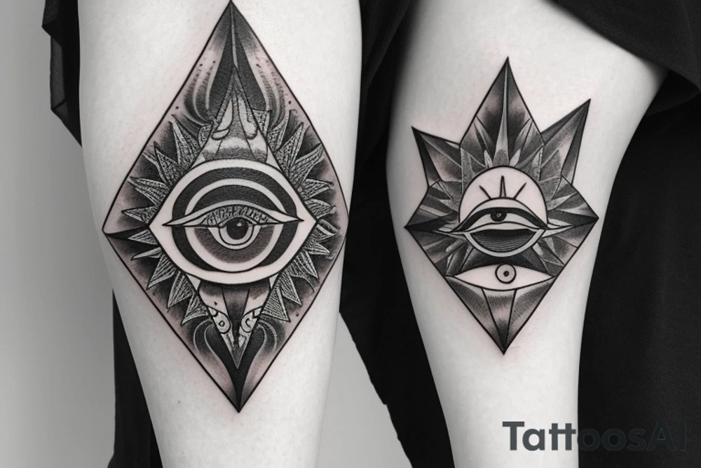 nabla triangle with all seeing eye, eye becomes the sun as it extend from bottom of triangle, connects to yin yang circle which connects to waxing crescent moon tattoo idea