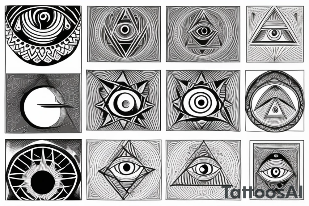 nabla triangle with all seeing eye, eye becomes the sun as it extend from bottom of triangle, connects to yin yang circle which connects to waxing crescent moon tattoo idea
