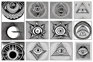 nabla triangle with all seeing eye, eye becomes the sun as it extend from bottom of triangle, connects to yin yang circle which connects to waxing crescent moon tattoo idea