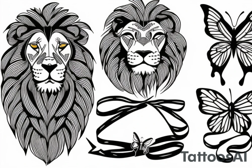 Lion and butterfly with ribbon tattoo idea