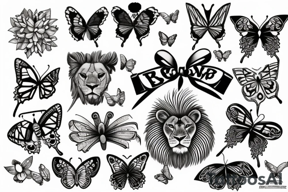 Lion and butterfly with ribbon tattoo idea