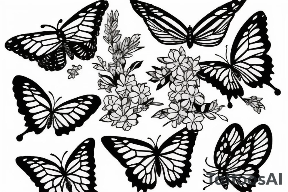 butterfly with ribbon and lilacs tattoo idea