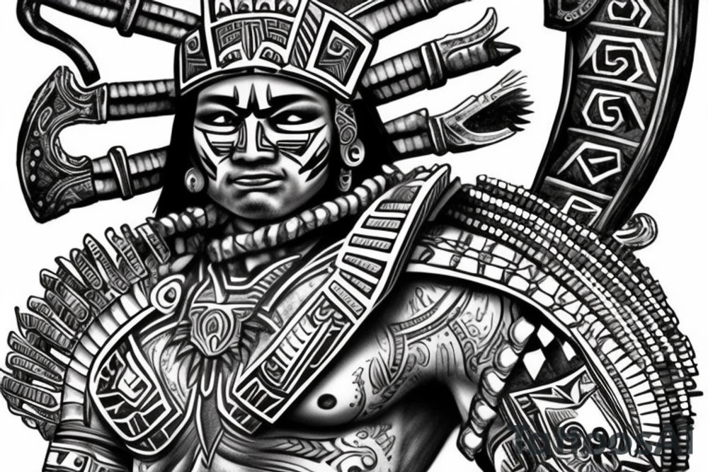 detailed strong aztec warrior with armor in battle tattoo idea