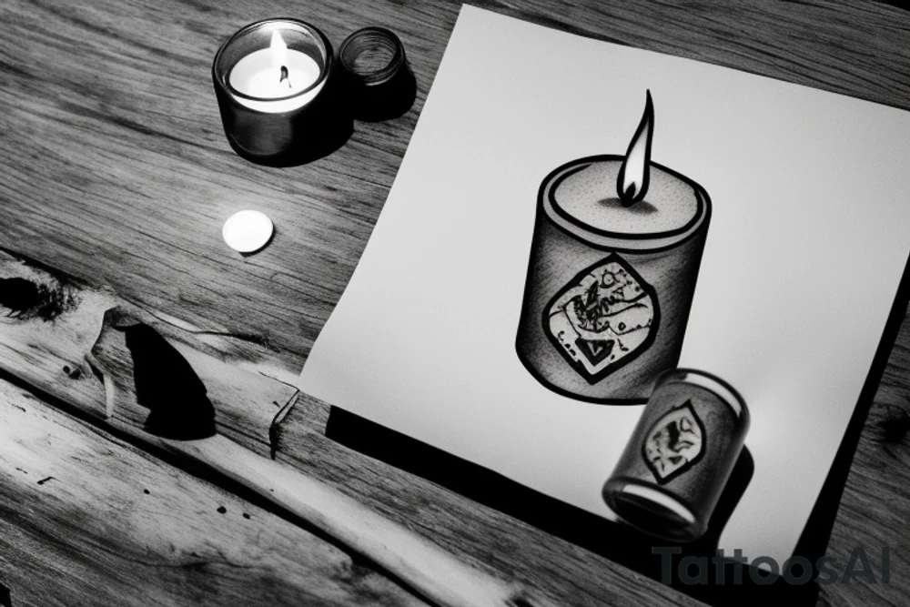 a Black and white image of a single thick burning candle sitting on a wood table. The candle and the table are the only things in the room tattoo idea