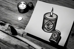 a Black and white image of a single thick burning candle sitting on a wood table. The candle and the table are the only things in the room tattoo idea