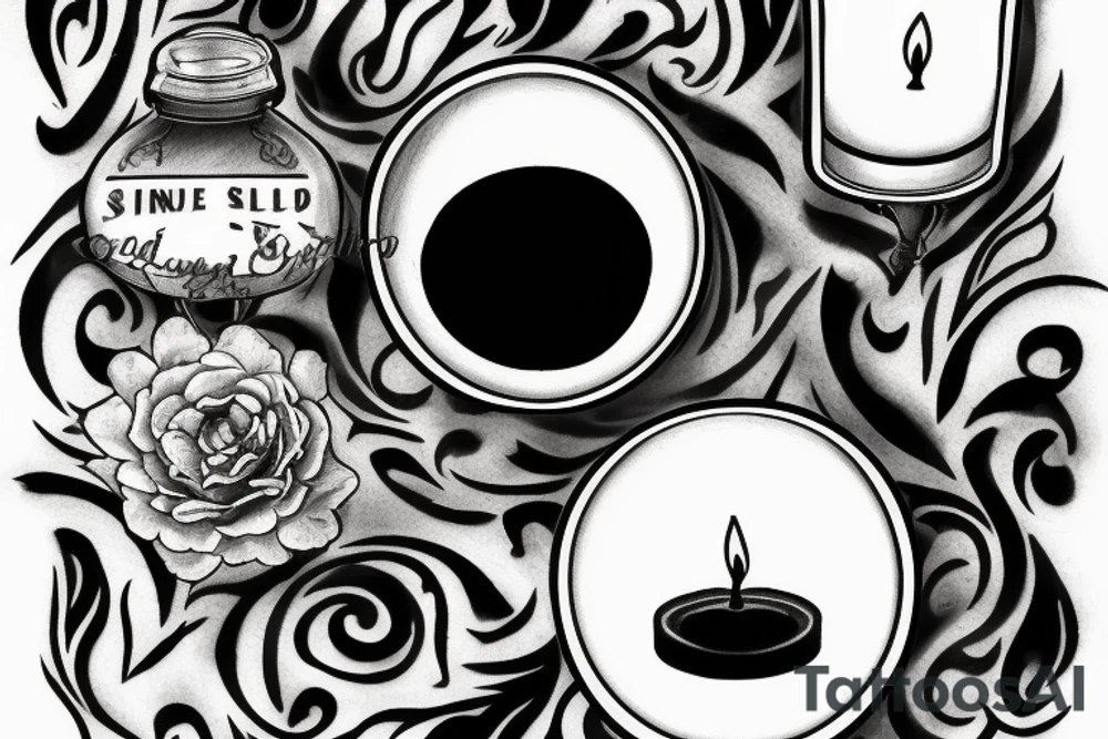 a Black and white image of a single thick burning candle sitting on a wood table. The candle and the table are the only things in the room tattoo idea