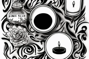 a Black and white image of a single thick burning candle sitting on a wood table. The candle and the table are the only things in the room tattoo idea