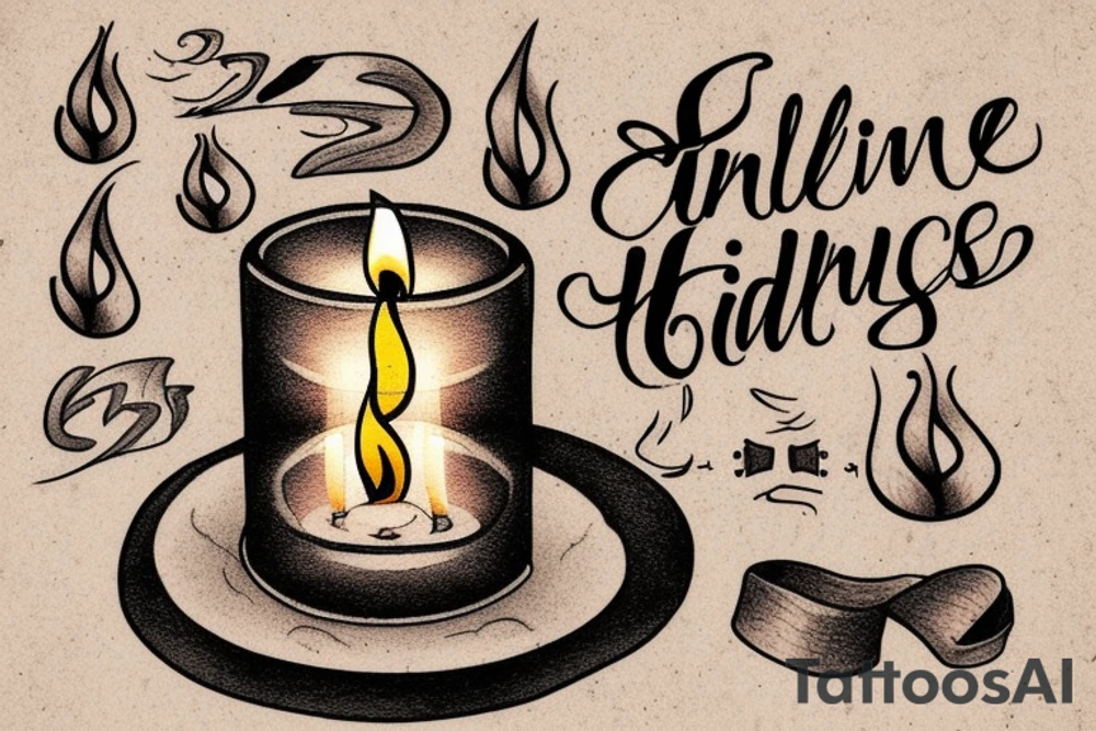 a single old burning candle sitting on a small wood table. The candle and the table are the only things in the room tattoo idea