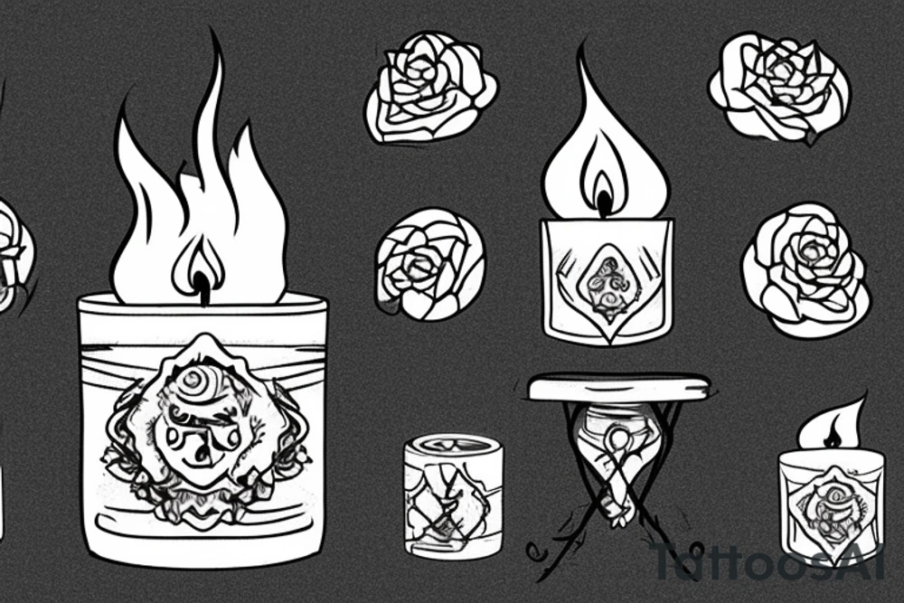 a single old burning candle sitting on a small wood table. The candle and the table are the only things in the room tattoo idea