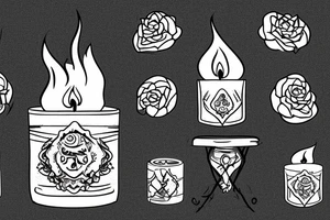 a single old burning candle sitting on a small wood table. The candle and the table are the only things in the room tattoo idea