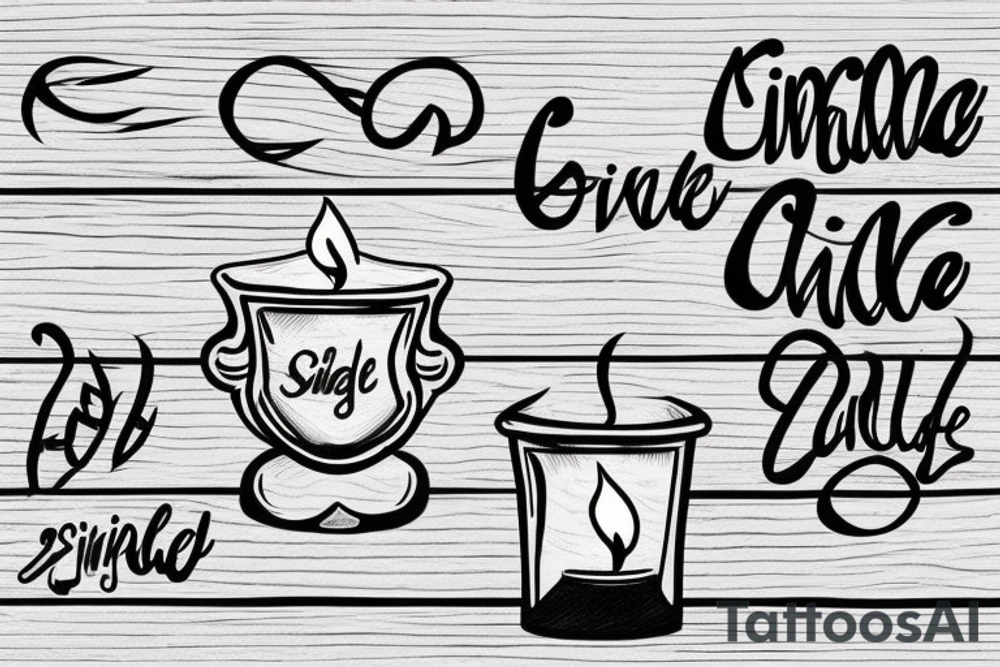 a single old burning candle sitting on a small wood table. The candle and the table are the only things in the room tattoo idea
