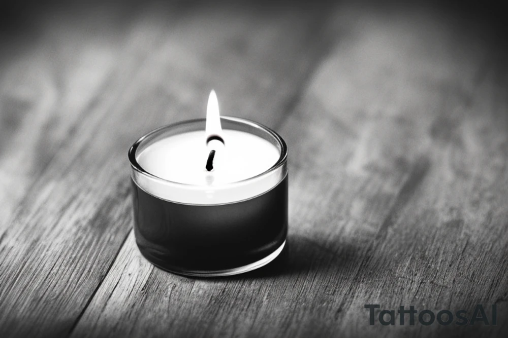 a single old burning candle sitting on a small wood table. The candle and the table are the only things in the room tattoo idea