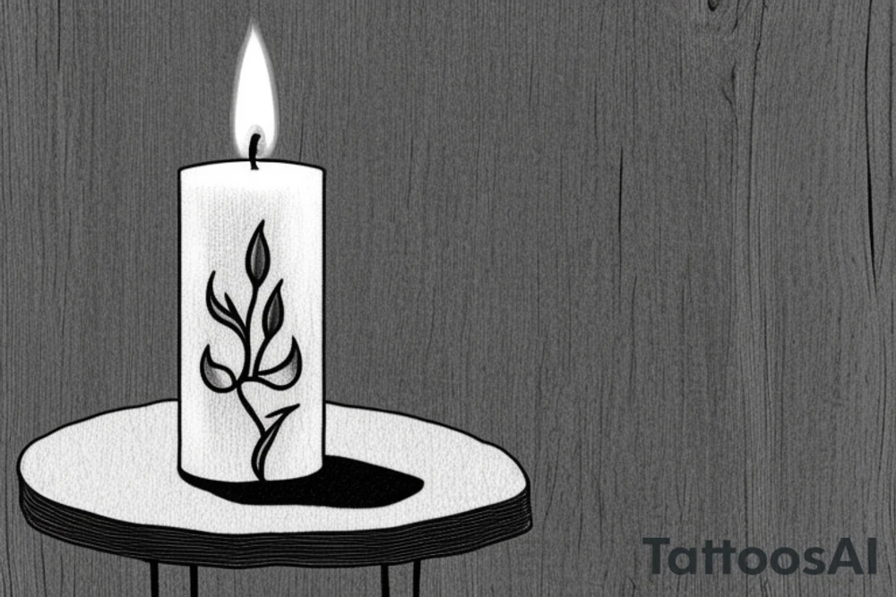 a single old burning candle sitting on a small wood table. The candle and the table are the only things in the room tattoo idea