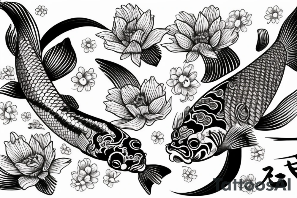 detailed japanese koi fish with a flower a ocean waves tattoo idea