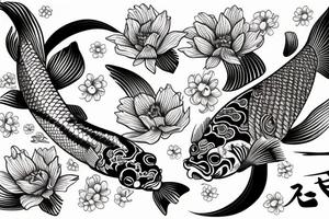 detailed japanese koi fish with a flower a ocean waves tattoo idea