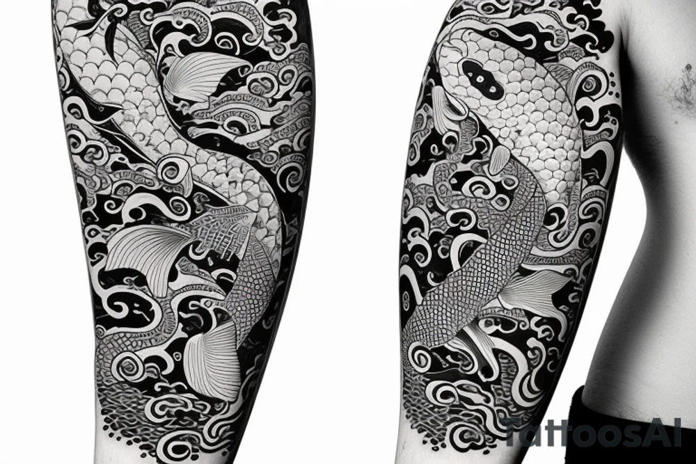 koi fish with a flower a ocean waves tattoo idea