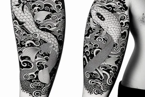 koi fish with a flower a ocean waves tattoo idea