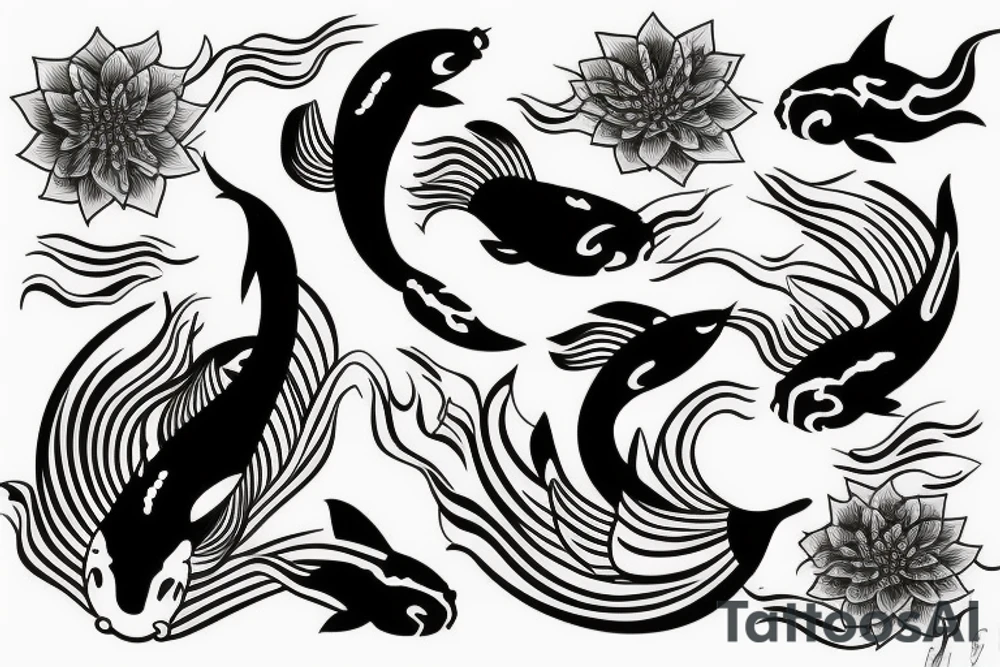 koi fish with a sakura flower and ocean waves tattoo idea