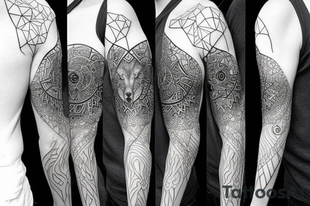 wolf, greek mythology, geometric concept sleeve tattoo idea wolf, greek mythology, geometric concept sleeve tattoo idea