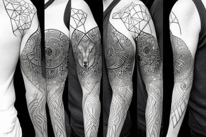 wolf, greek mythology, geometric concept sleeve tattoo idea